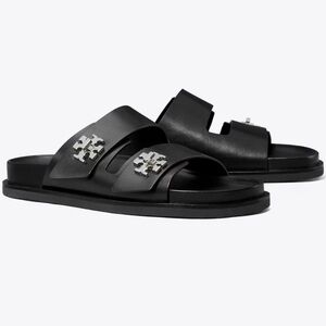 Tory Burch Black Leather Double-Strap Slide Sandals with Silver Logo